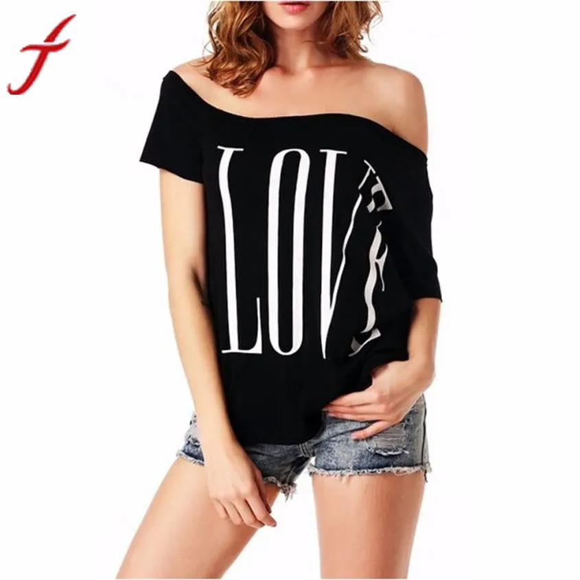 3 Colors Of Printing Love letters Women's Blouse Off Shoulder Short Sleeve Blouse Casual Tops Shirt