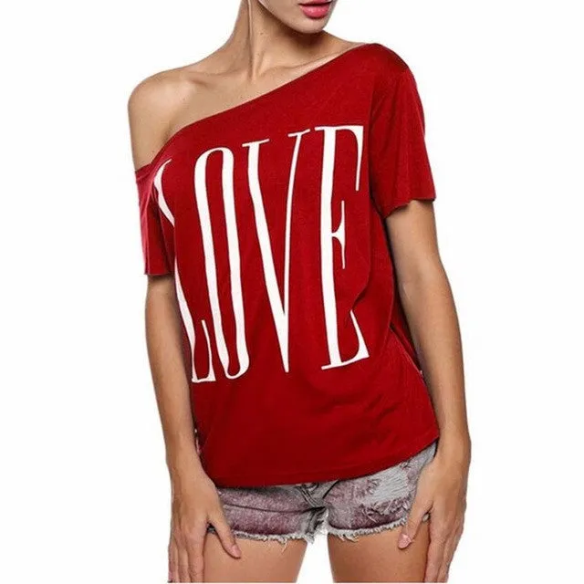 3 Colors Of Printing Love letters Women's Blouse Off Shoulder Short Sleeve Blouse Casual Tops Shirt