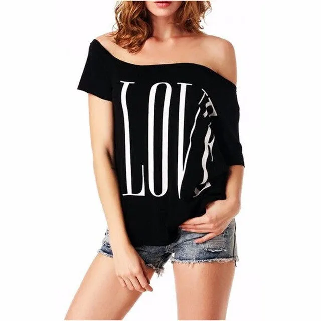 3 Colors Of Printing Love letters Women's Blouse Off Shoulder Short Sleeve Blouse Casual Tops Shirt