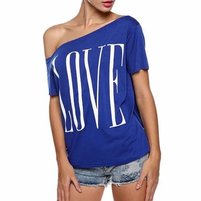 3 Colors Of Printing Love letters Women's Blouse Off Shoulder Short Sleeve Blouse Casual Tops Shirt