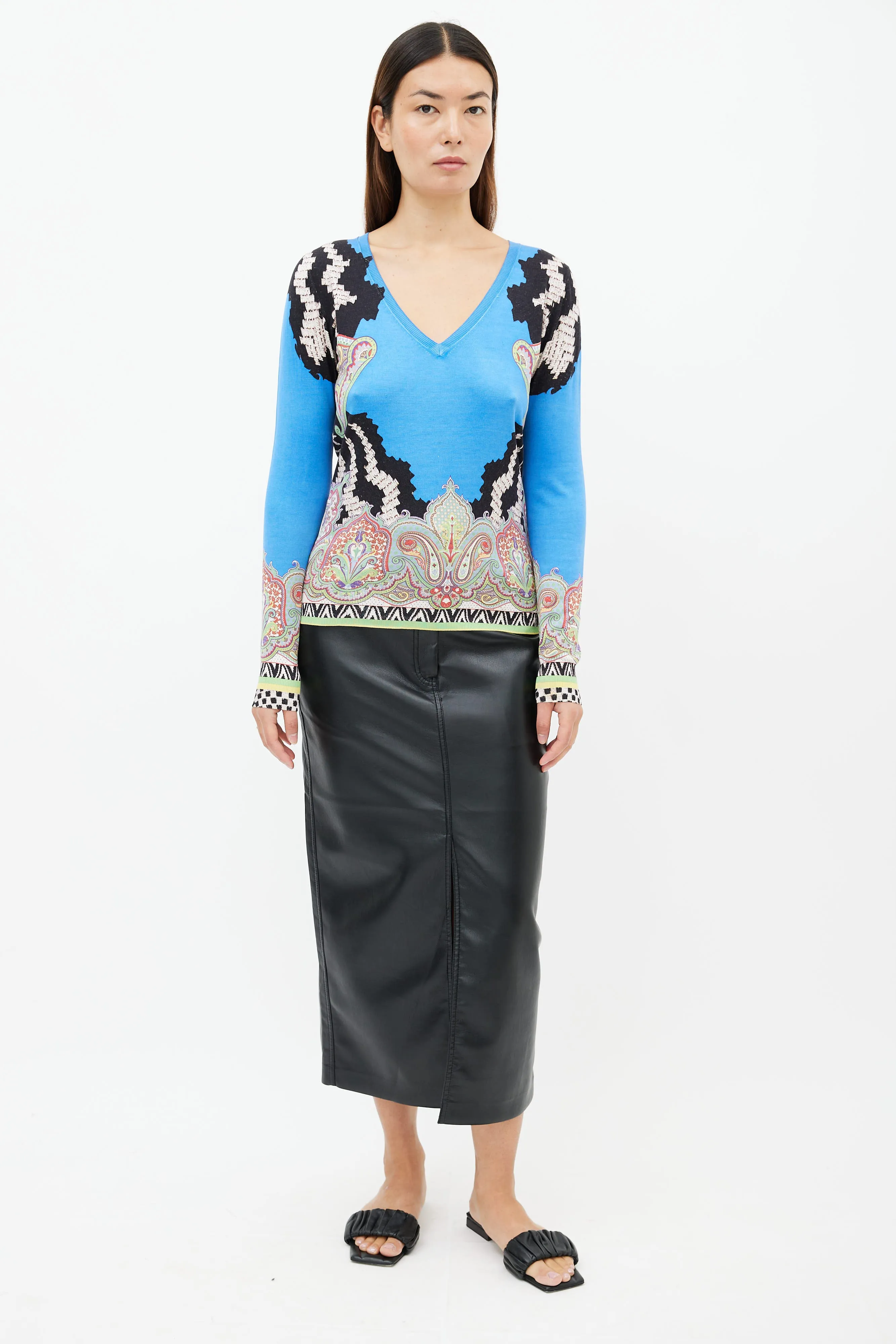 Blue & Multi Print V-Neck Sweater