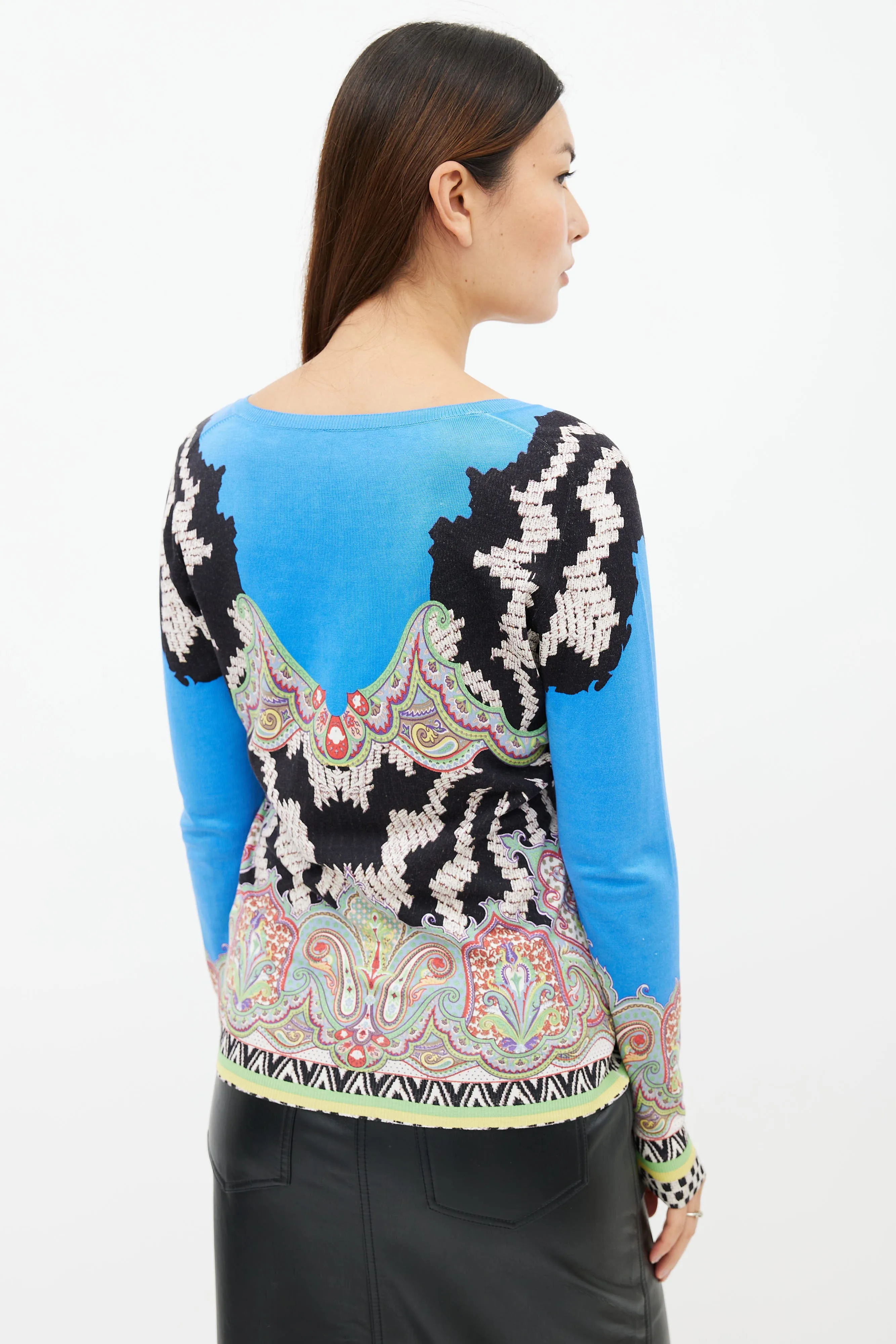 Blue & Multi Print V-Neck Sweater