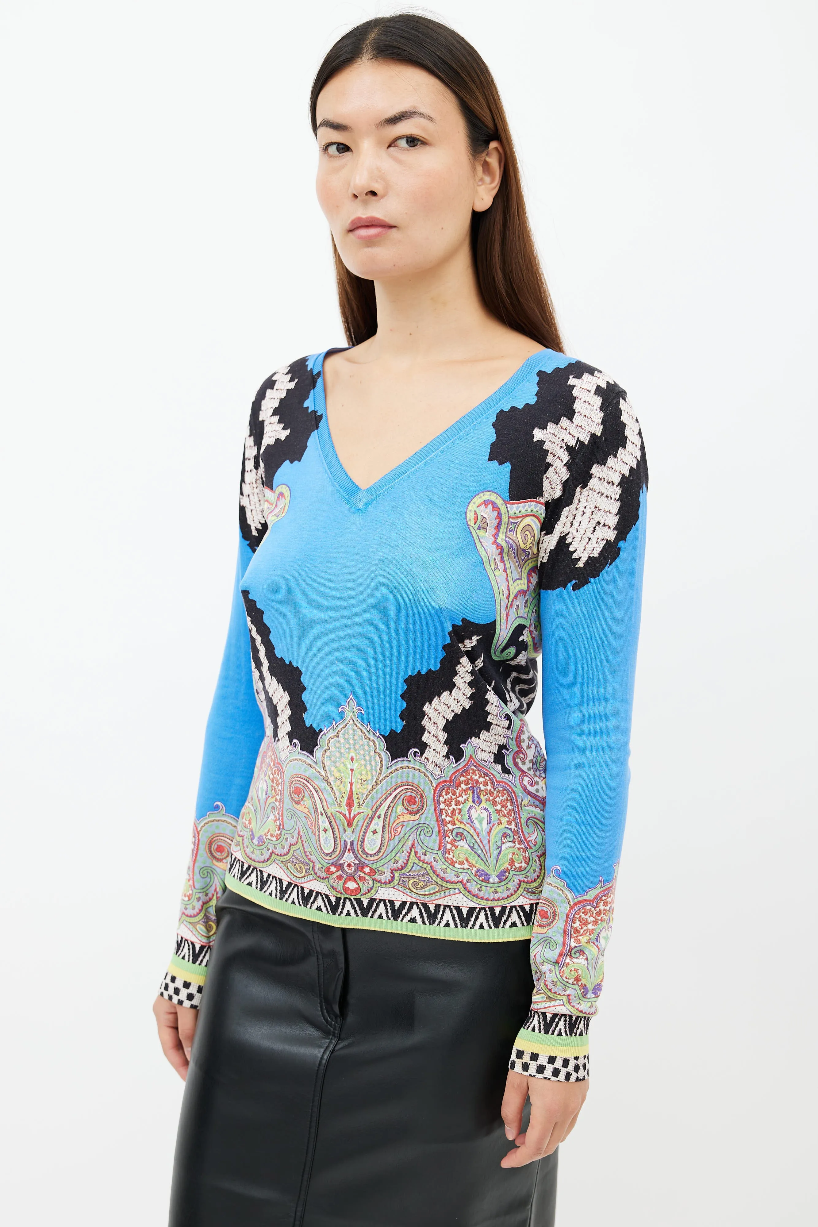 Blue & Multi Print V-Neck Sweater