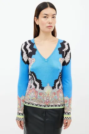 Blue & Multi Print V-Neck Sweater