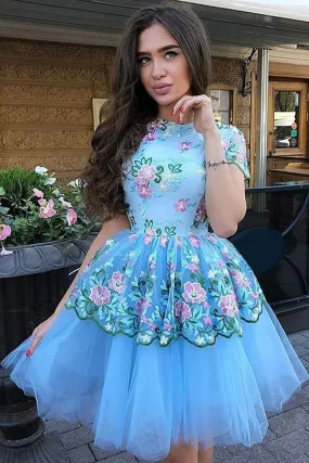 Blue Floral Prints Tulle Short Sleeves A Line Charming Homecoming Dresses PFH0012