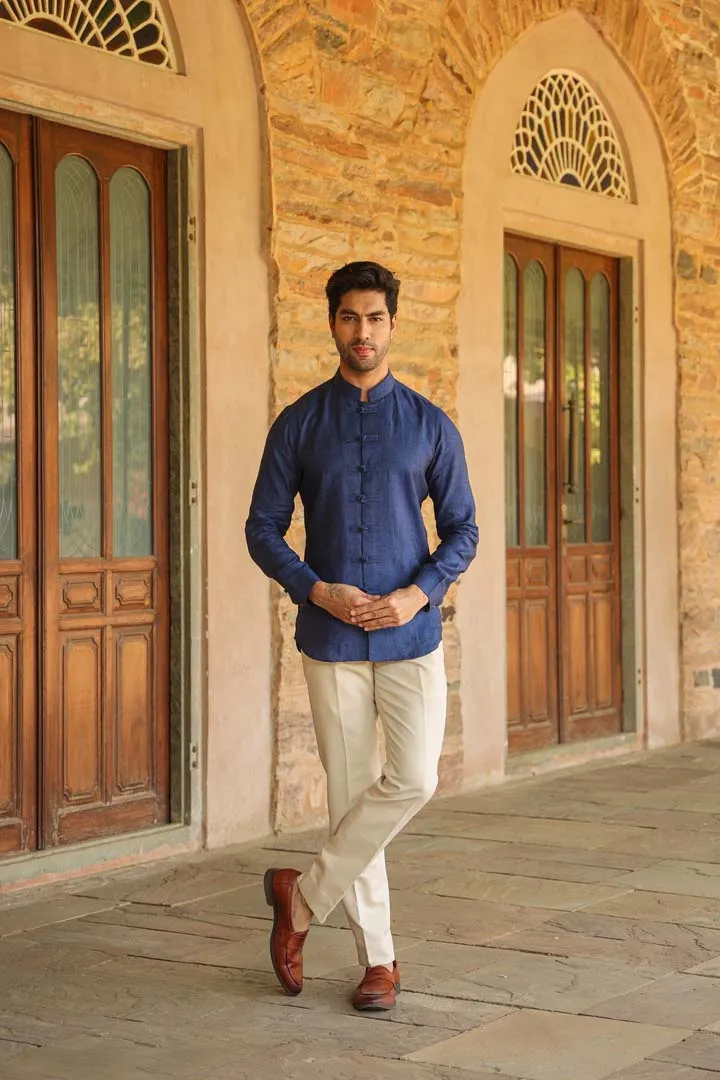 Blue Mandarin Knot Linen Shirt