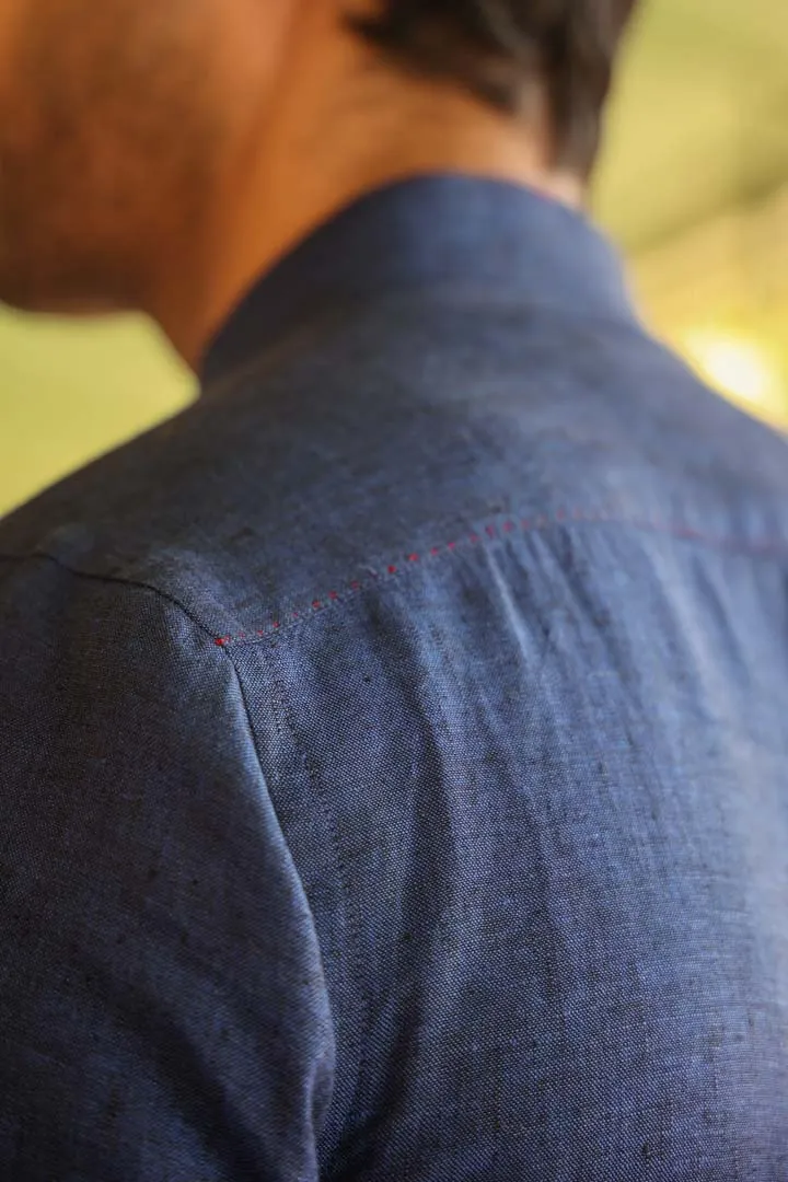 Blue Mandarin Knot Linen Shirt