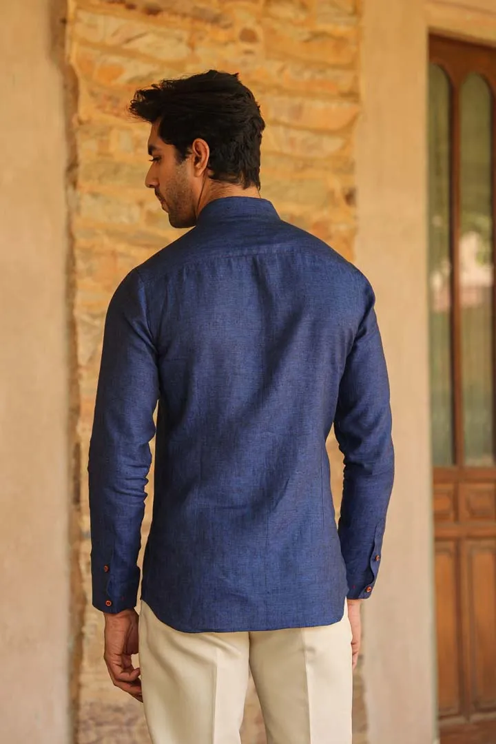 Blue Mandarin Knot Linen Shirt
