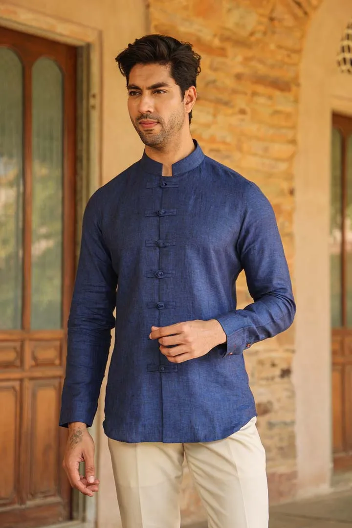 Blue Mandarin Knot Linen Shirt