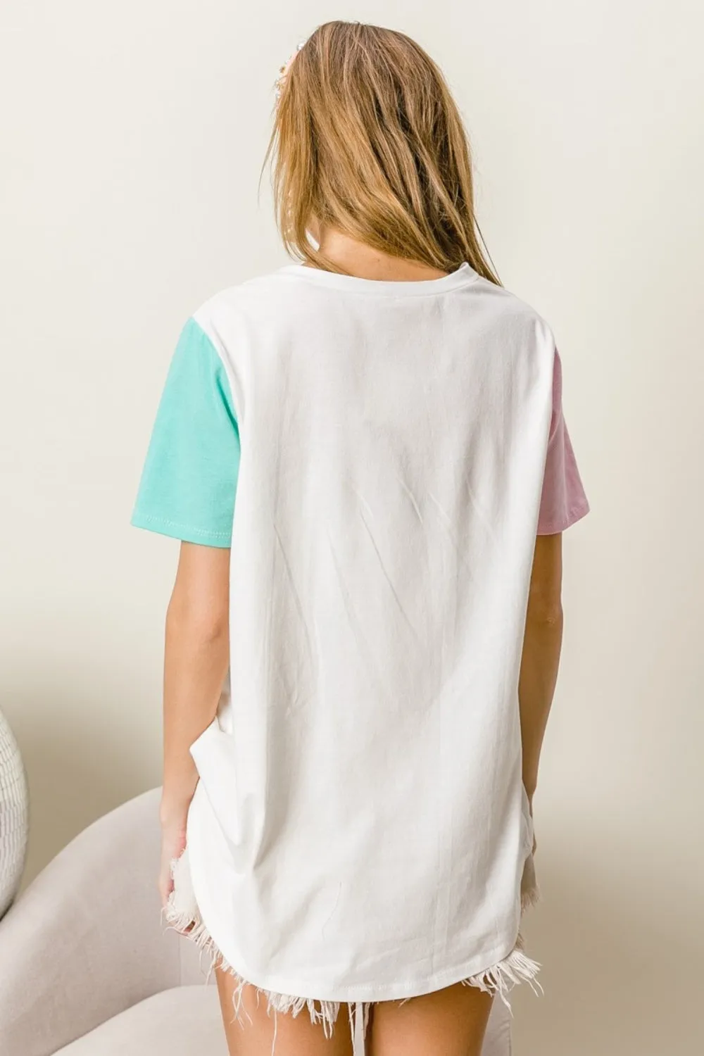 Blue Zone Planet |  BiBi Letter Patch V-Neck Color Block Short Sleeve T-Shirt