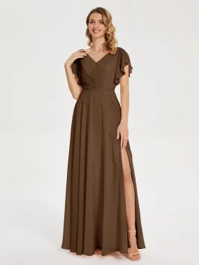 Bridesmaid Dress Brown Kate Charming V Neck Split Chiffon Bridesmaid Dresses