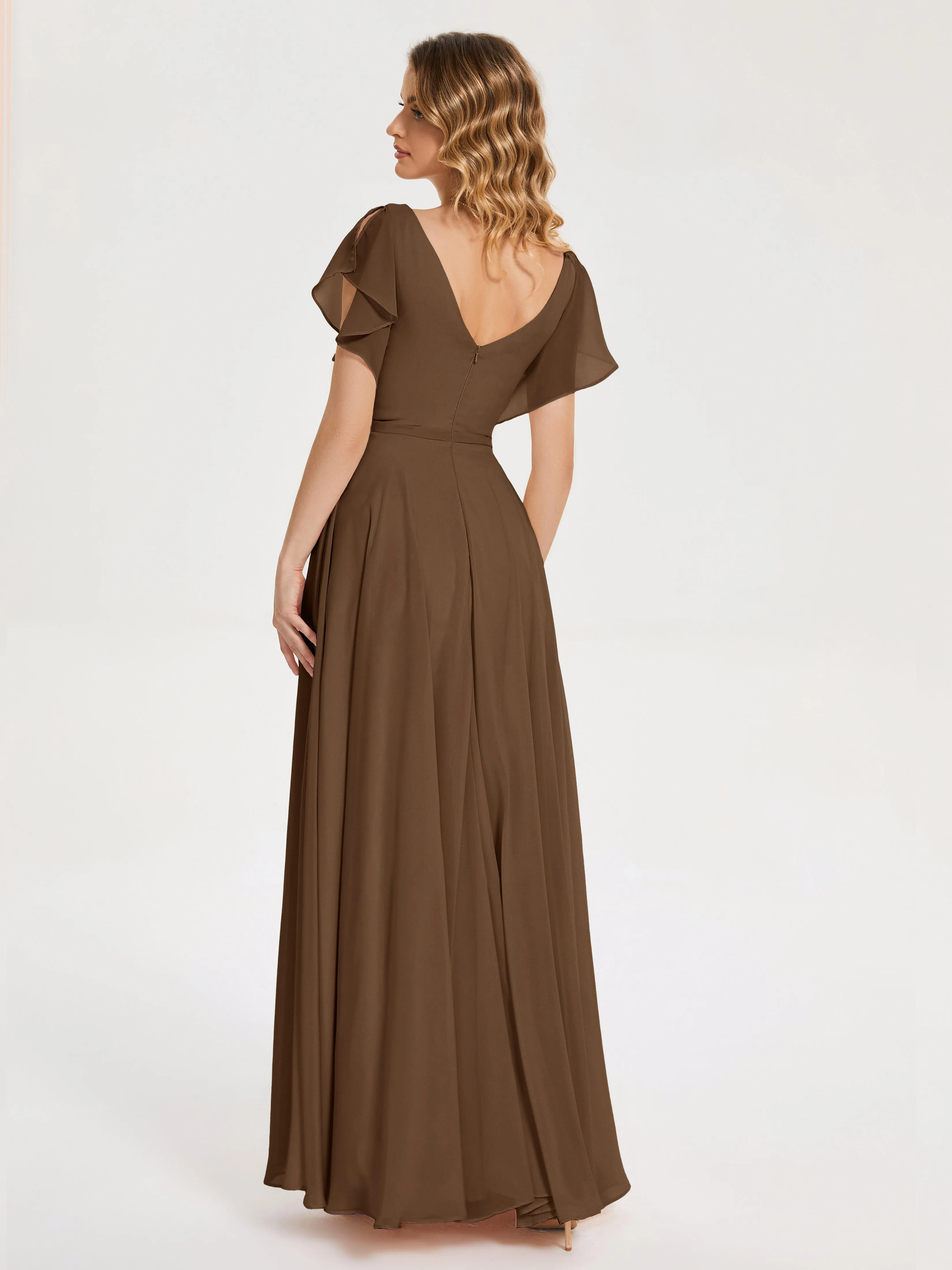 Bridesmaid Dress Brown Kate Charming V Neck Split Chiffon Bridesmaid Dresses