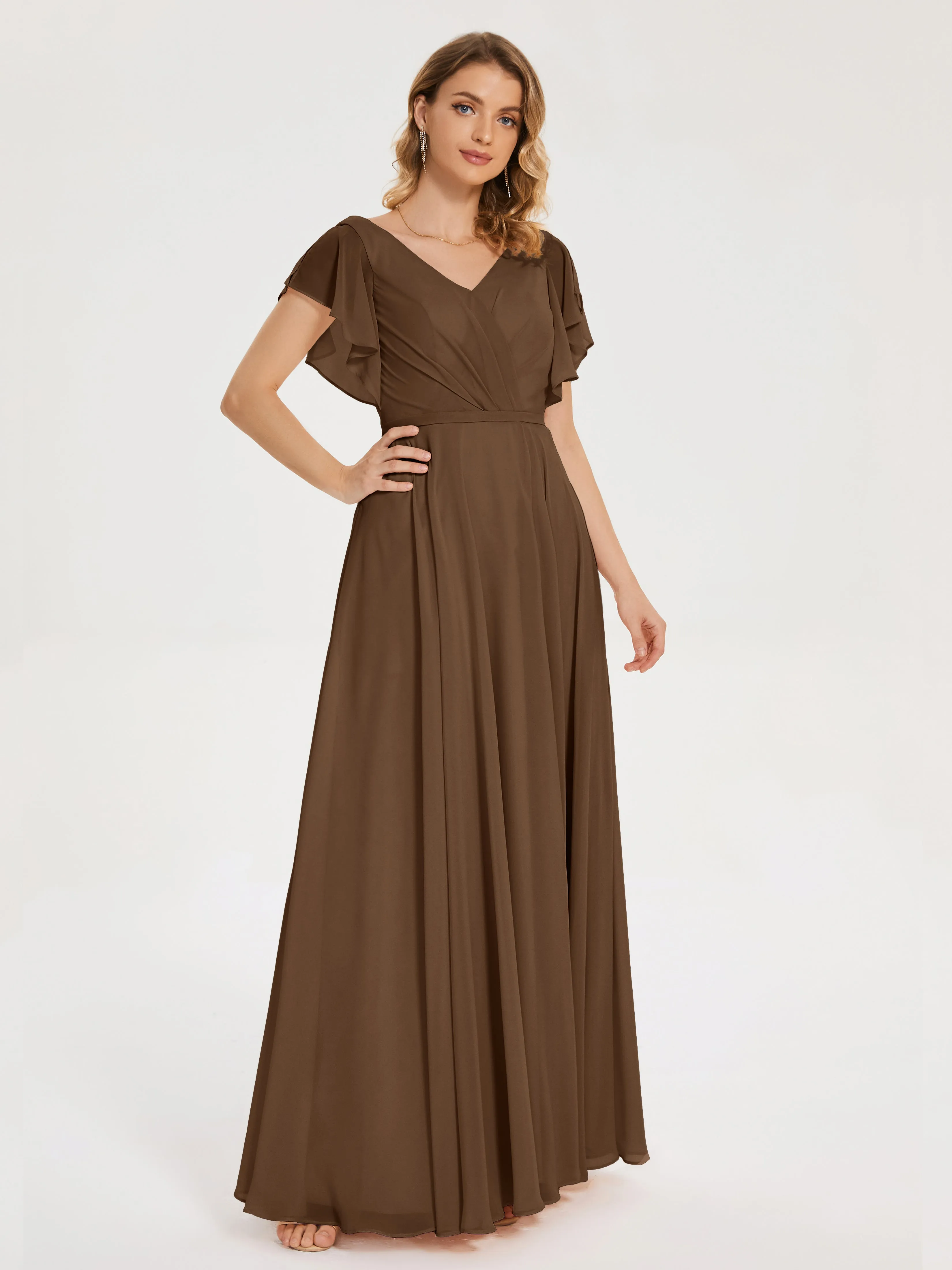 Bridesmaid Dress Brown Kate Charming V Neck Split Chiffon Bridesmaid Dresses