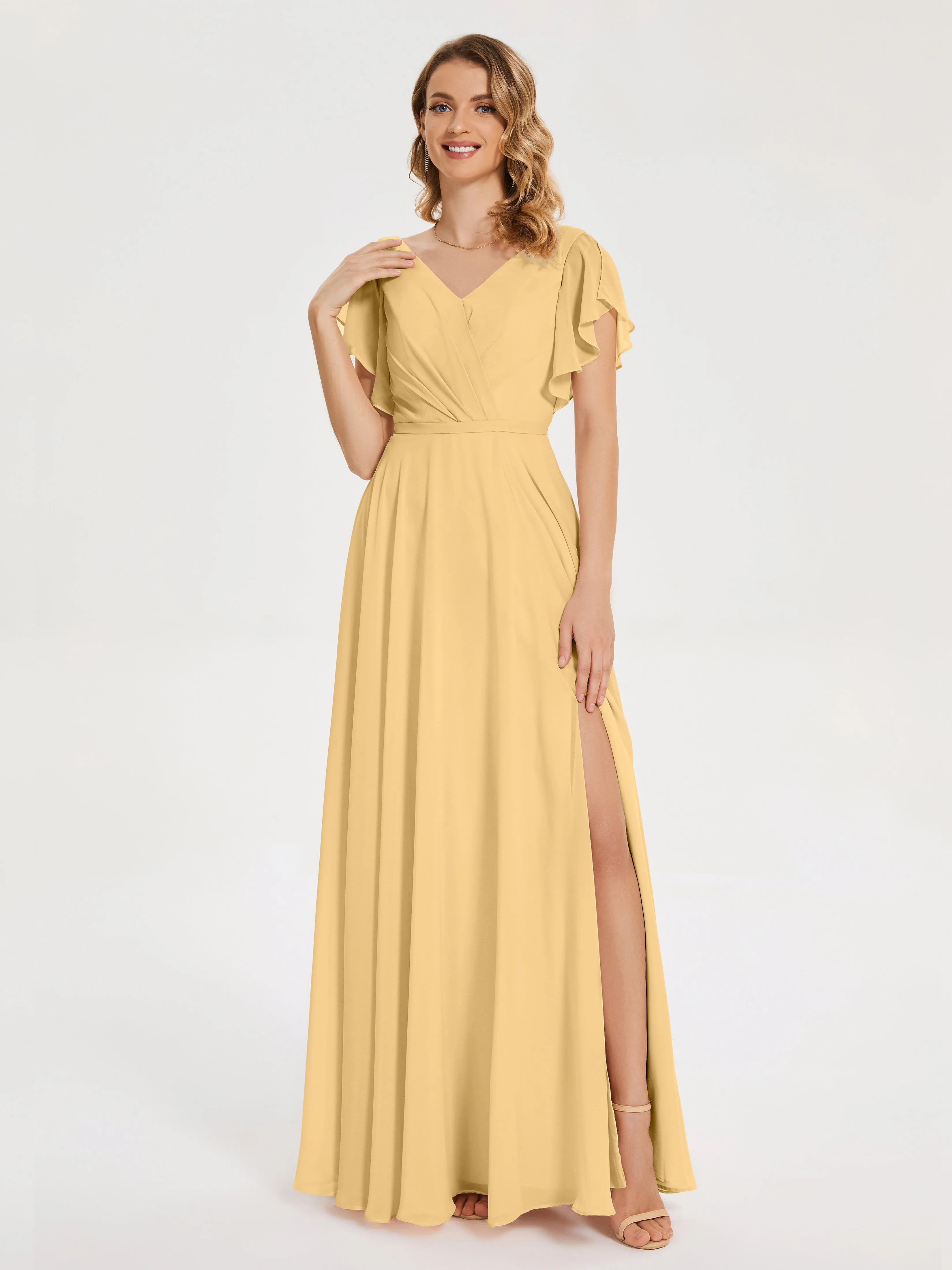 Bridesmaid Dresses Gold Kate Charming V Neck Split Chiffon Bridesmaid Dresses