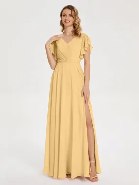 Bridesmaid Dresses Gold Kate Charming V Neck Split Chiffon Bridesmaid Dresses