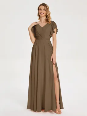 Bridesmaid Dresses Mocha Colour Kate Charming V Neck Split Chiffon Bridesmaid Dresses