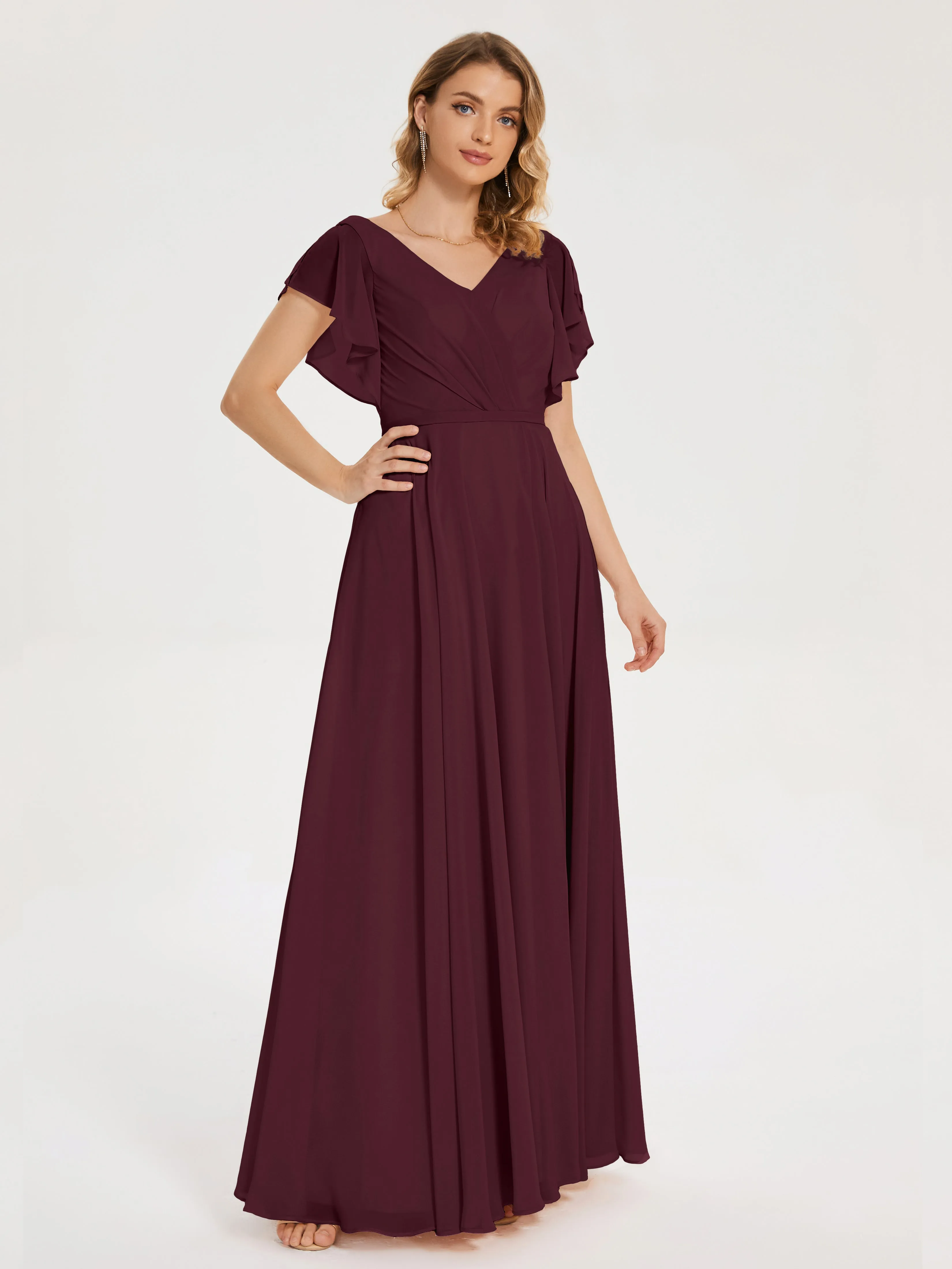 Cabernet Bridesmaid Dresses Kate Charming V Neck Split Chiffon Bridesmaid Dresses