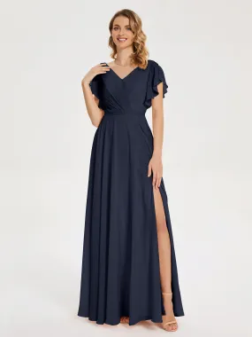Dark Navy Bridesmaid Dresses Kate Charming V Neck Split Chiffon Bridesmaid Dresses