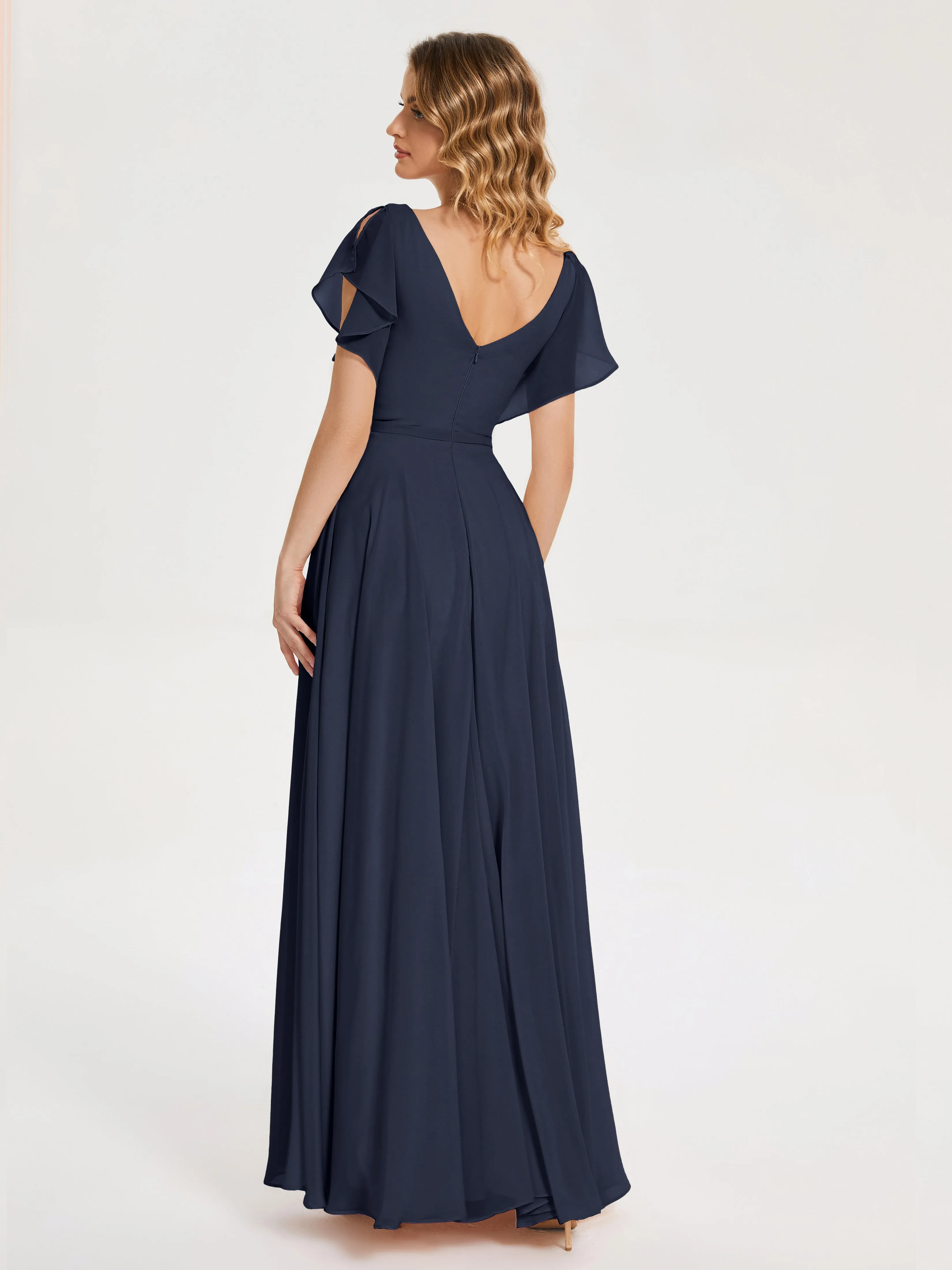 Dark Navy Bridesmaid Dresses Kate Charming V Neck Split Chiffon Bridesmaid Dresses