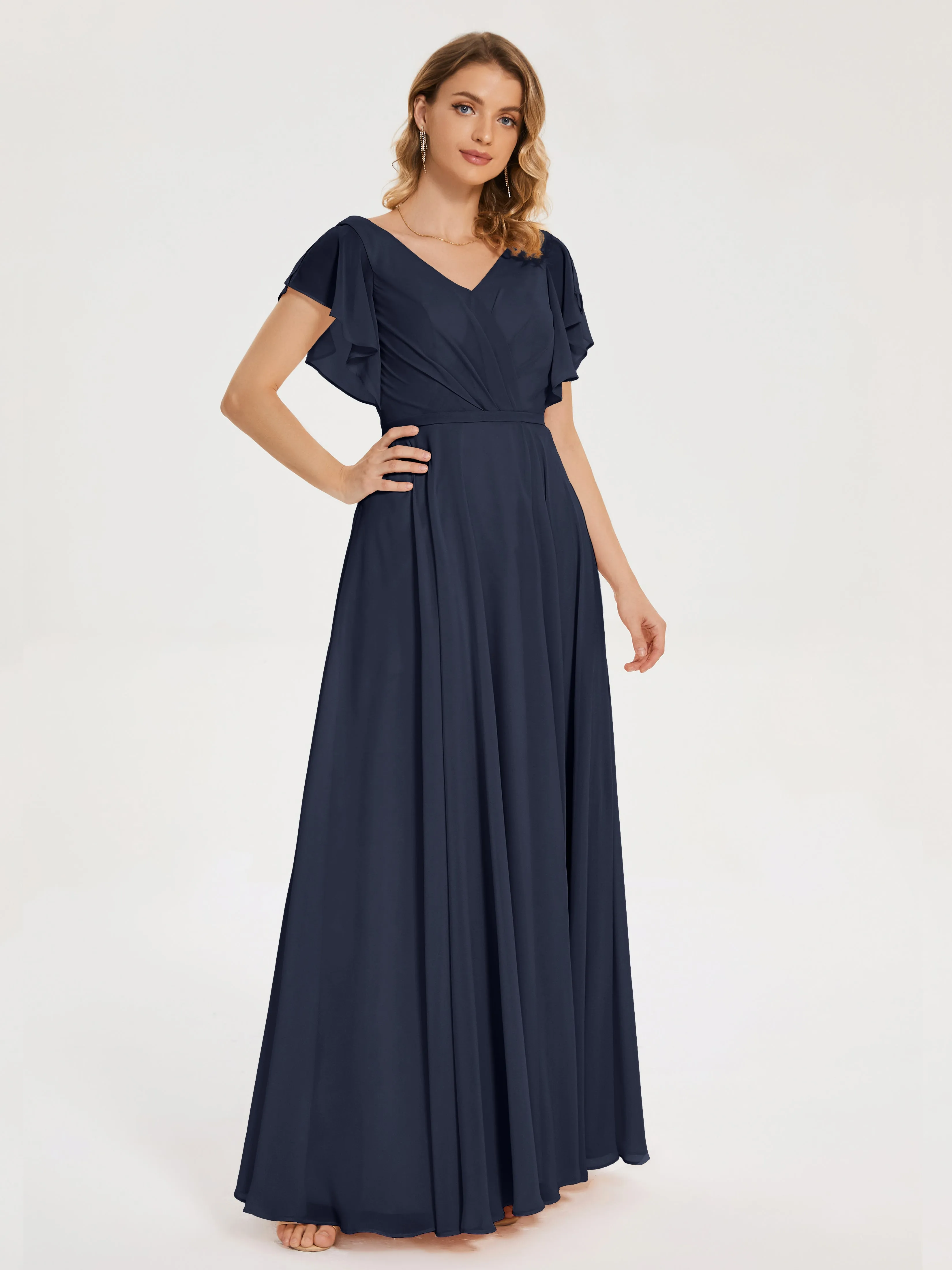 Dark Navy Bridesmaid Dresses Kate Charming V Neck Split Chiffon Bridesmaid Dresses
