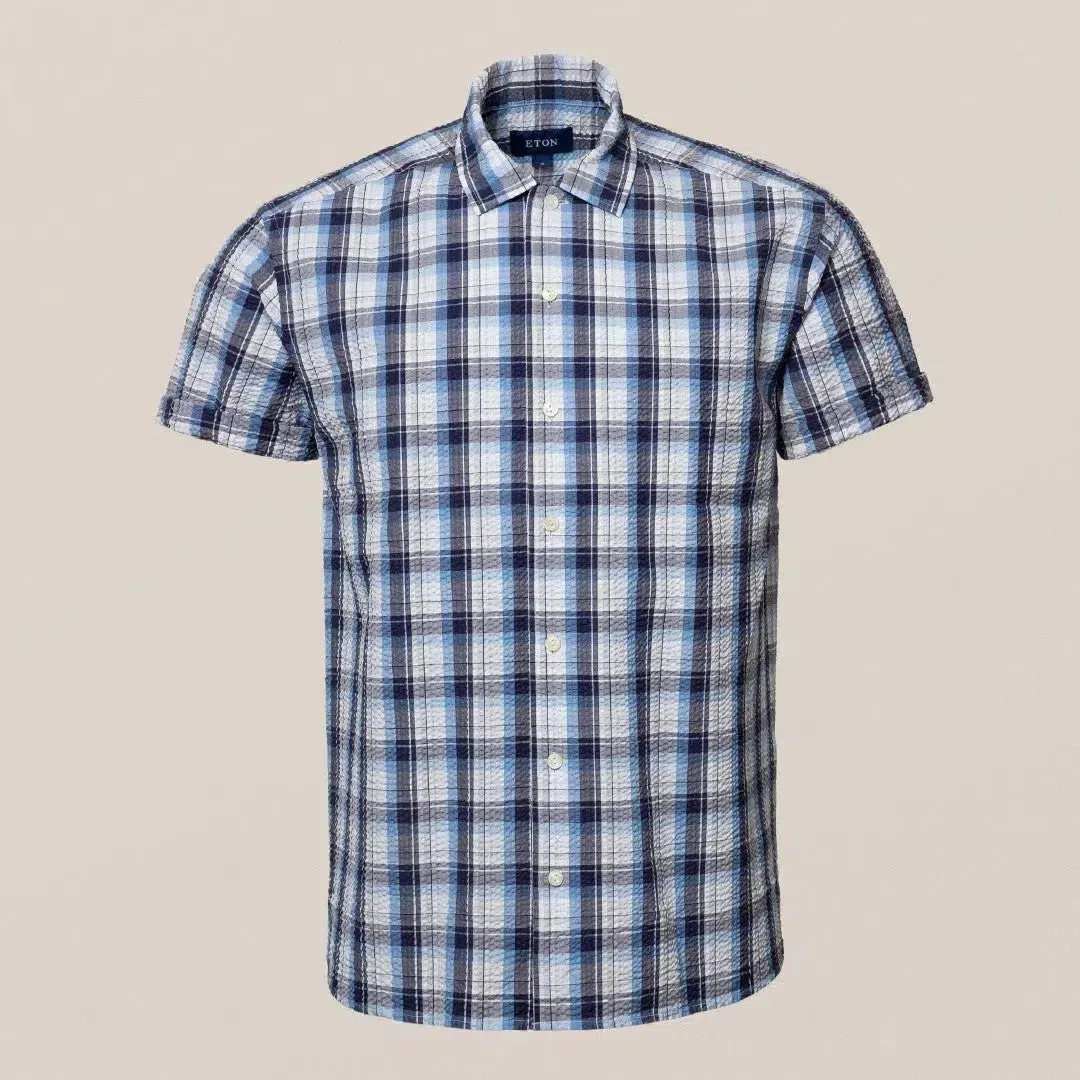 Eton Classic Fit Check Short Sleeve Shirt Mid Blue