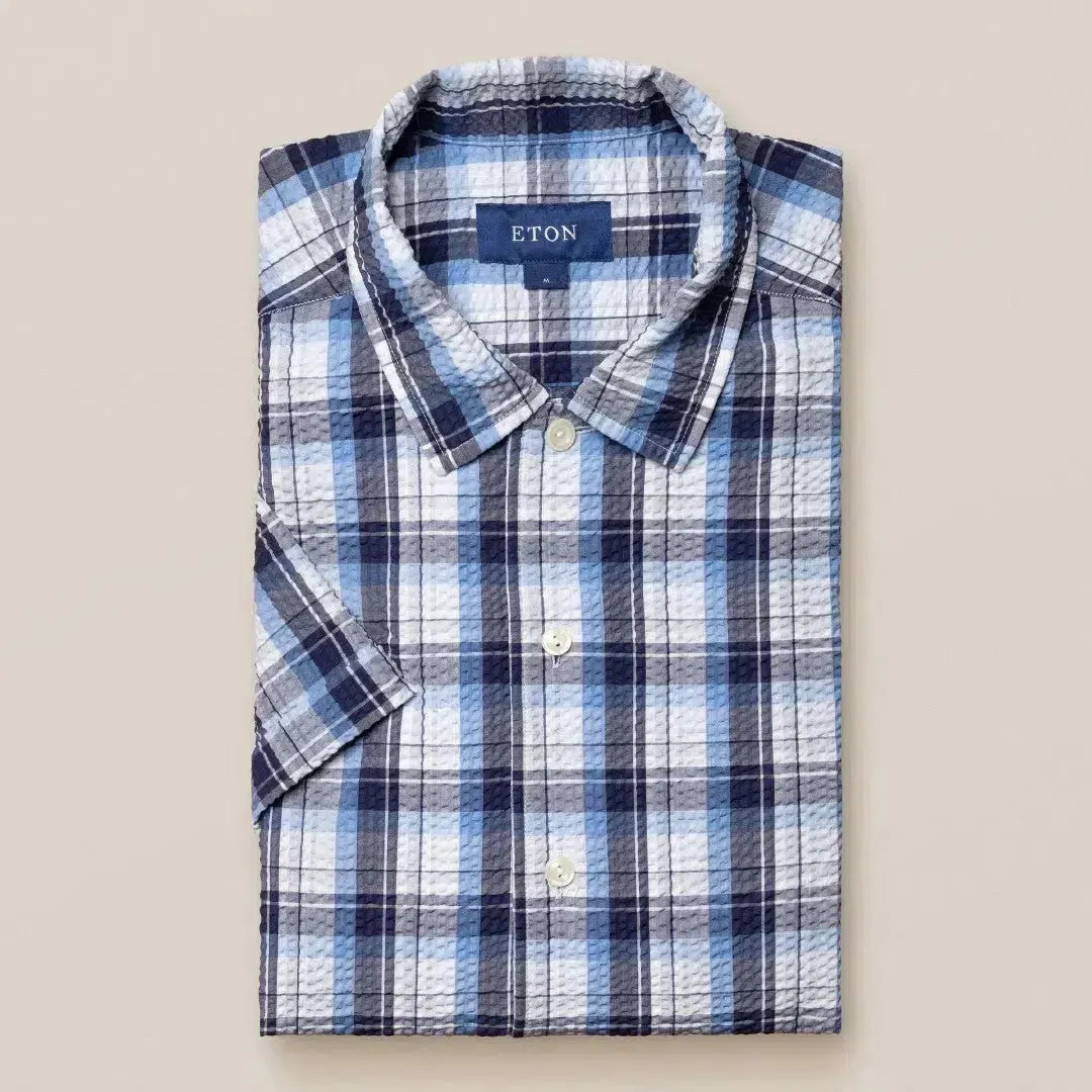 Eton Classic Fit Check Short Sleeve Shirt Mid Blue
