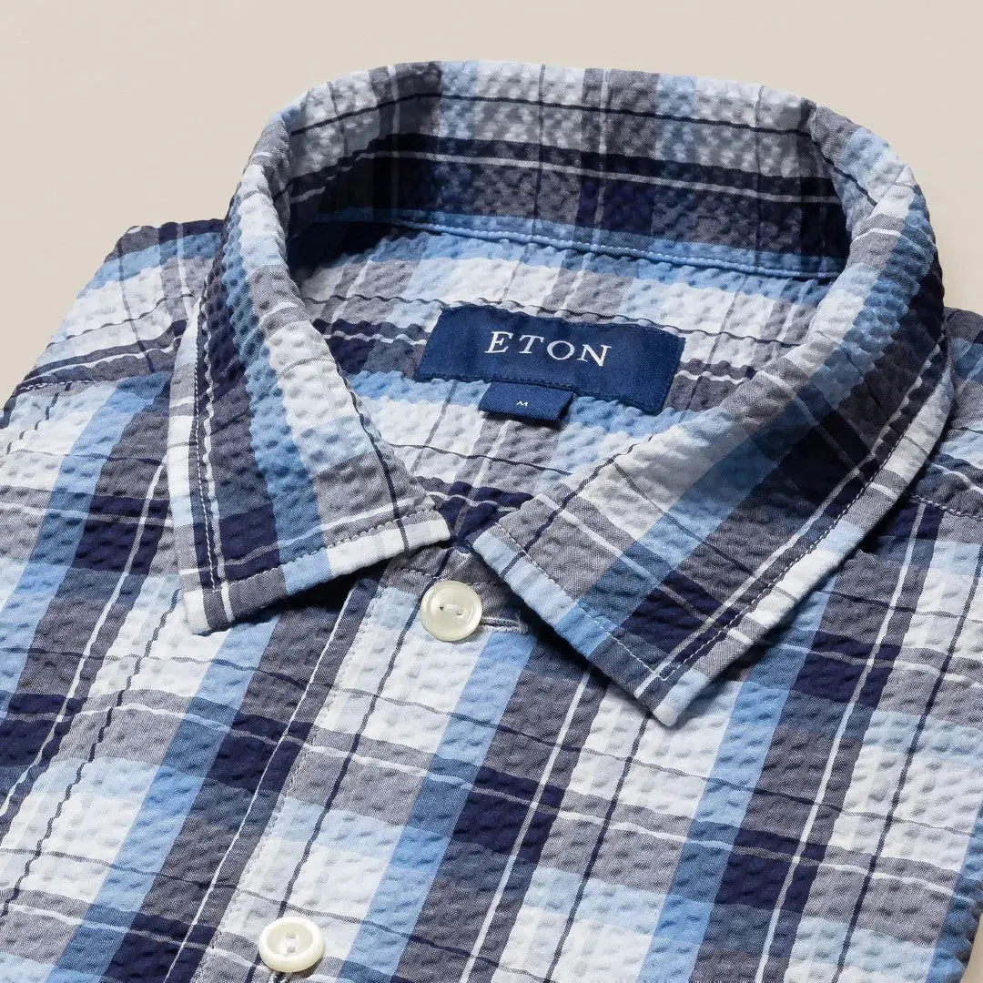 Eton Classic Fit Check Short Sleeve Shirt Mid Blue