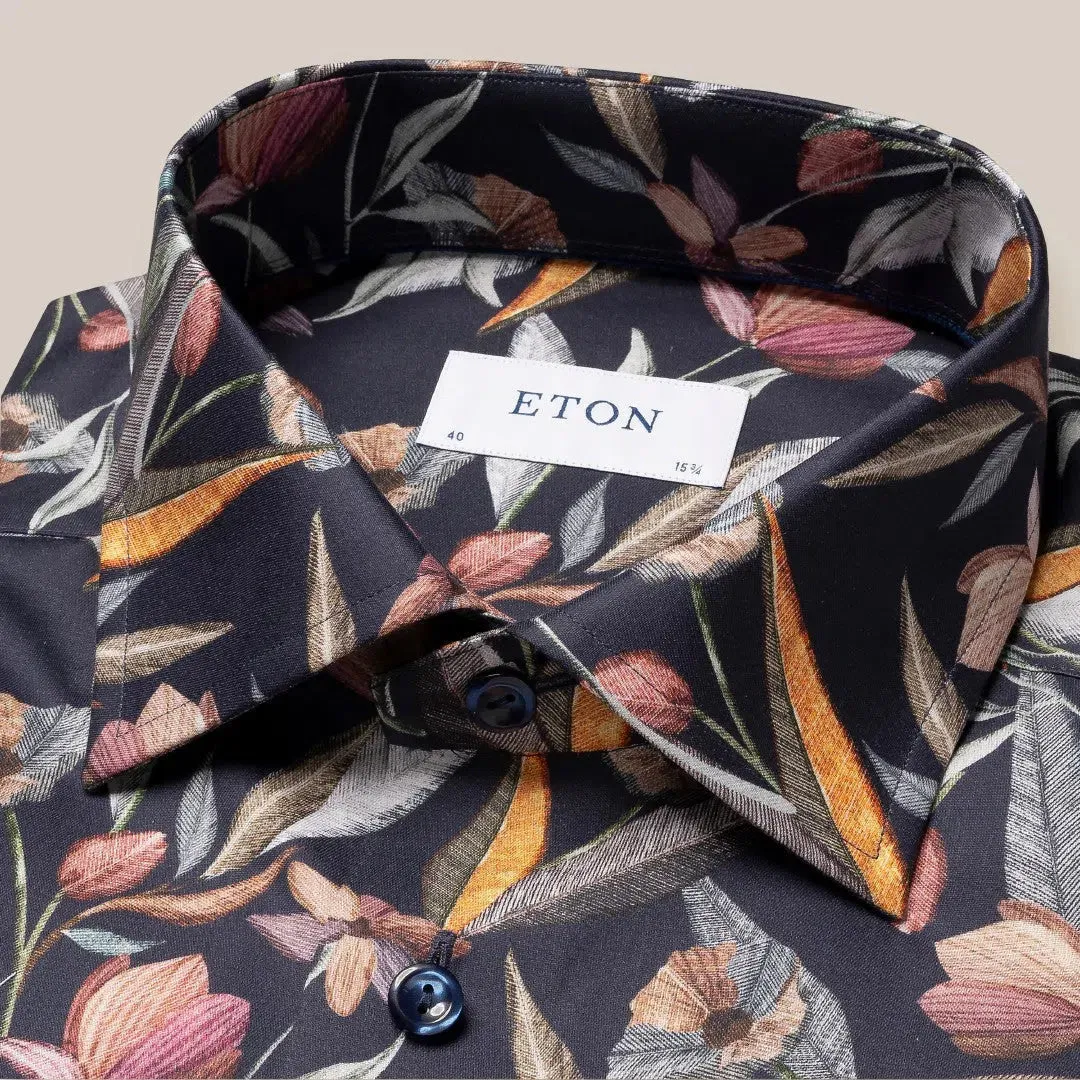 Eton Classic Fit Sketch Flowers Twill Shirt Navy Blue