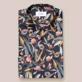Eton Classic Fit Sketch Flowers Twill Shirt Navy Blue