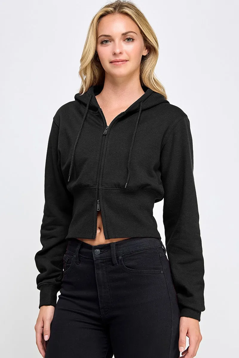 FLEECE RELAX FIT CROPPED TWO WAY ZIP UP HOODIE