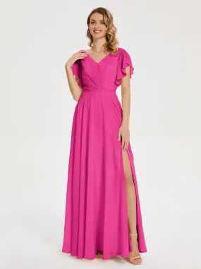 Fuchsia Bridesmaids Dresses Kate Charming V Neck Split Chiffon Bridesmaid Dresses