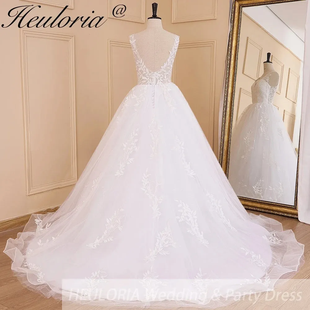 HEULORIA Ball-Gown/Princess V-Neck Cathedral Train Tulle Lace Wedding Dress With Sequins