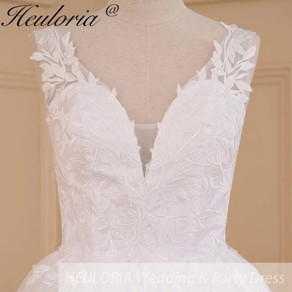 HEULORIA Ball-Gown/Princess V-Neck Cathedral Train Tulle Lace Wedding Dress With Sequins