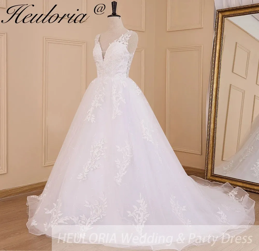 HEULORIA Ball-Gown/Princess V-Neck Cathedral Train Tulle Lace Wedding Dress With Sequins