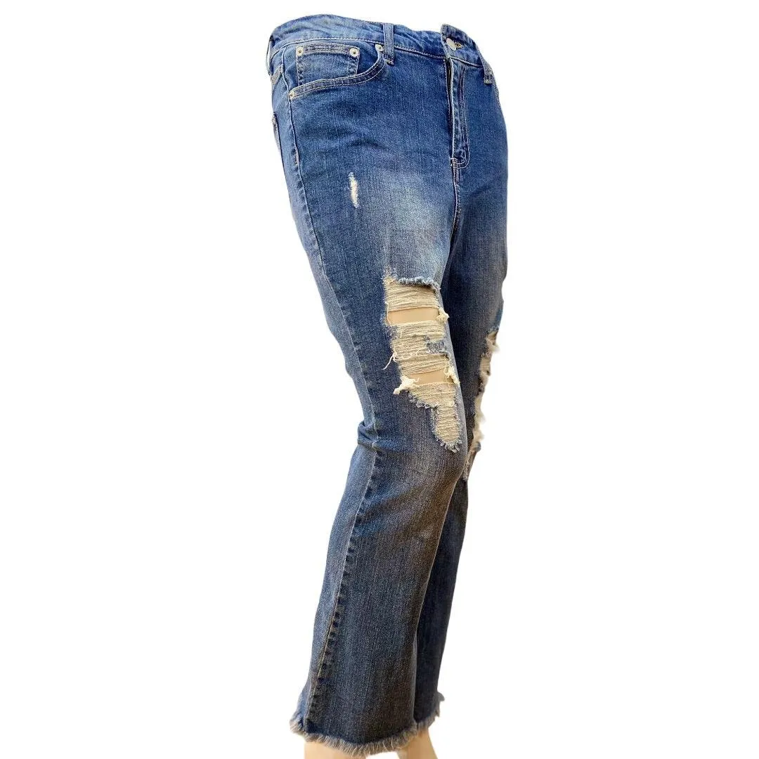High Waisted Distressed Straight Leg Cropped Jeans