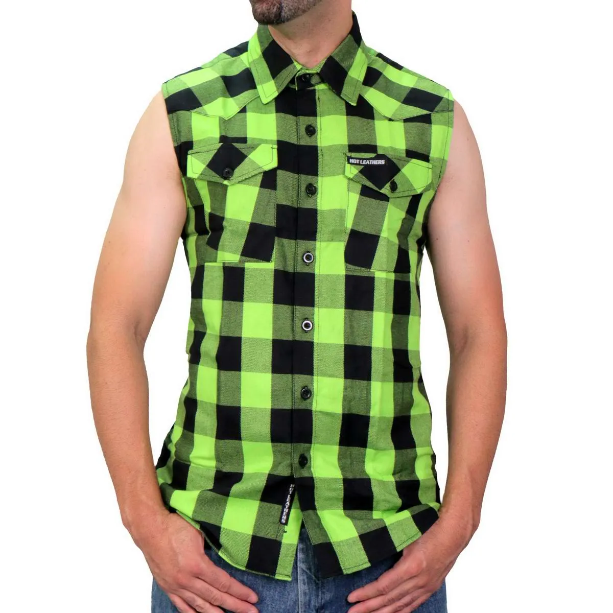 Hot Leathers FLM5002 Mens Black and Green Sleeveless Cotton Flannel Shirt