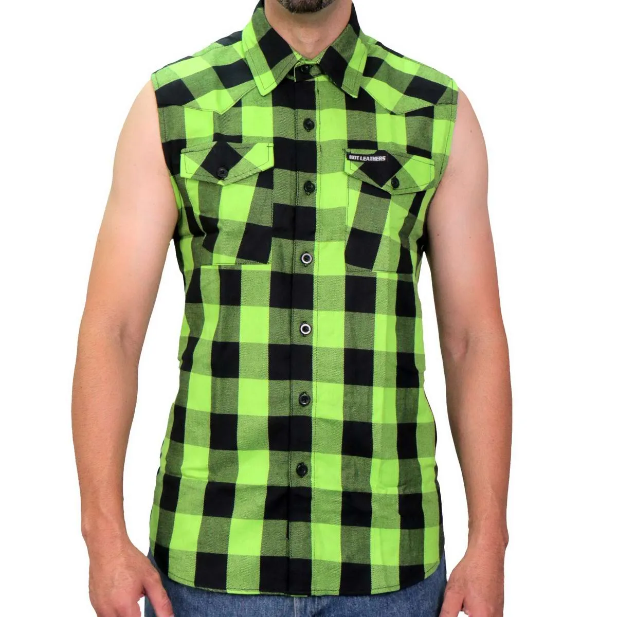 Hot Leathers FLM5002 Mens Black and Green Sleeveless Cotton Flannel Shirt