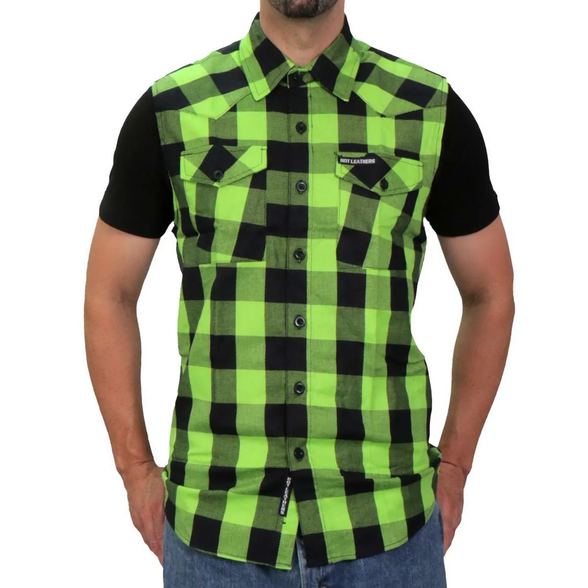 Hot Leathers FLM5002 Mens Black and Green Sleeveless Cotton Flannel Shirt