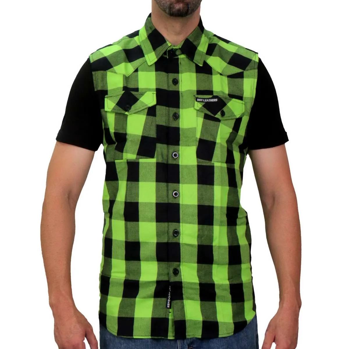 Hot Leathers FLM5002 Mens Black and Green Sleeveless Cotton Flannel Shirt