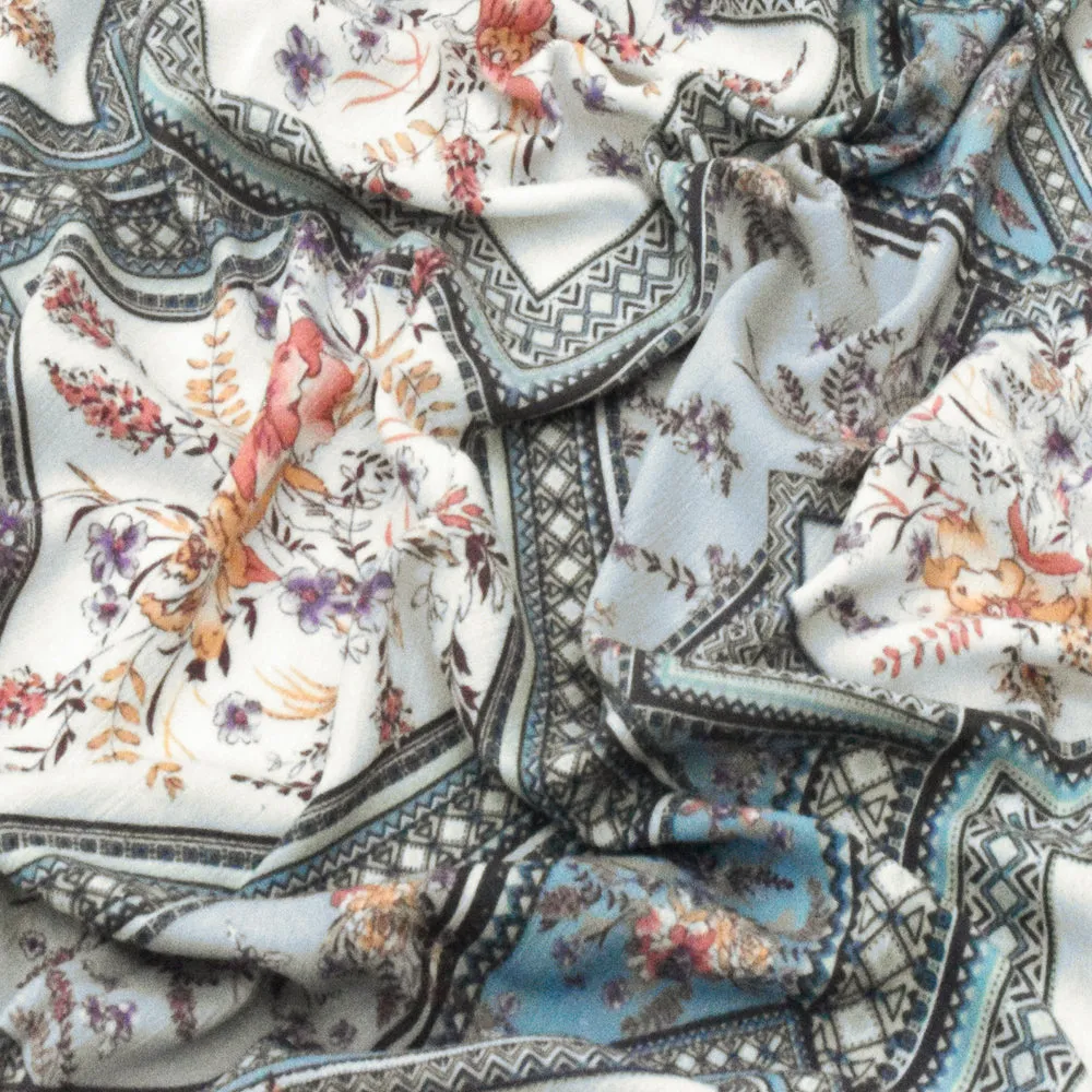 Ivory-Blue-Multi Floral Frame Printed Rayon Crepe Woven Fabric