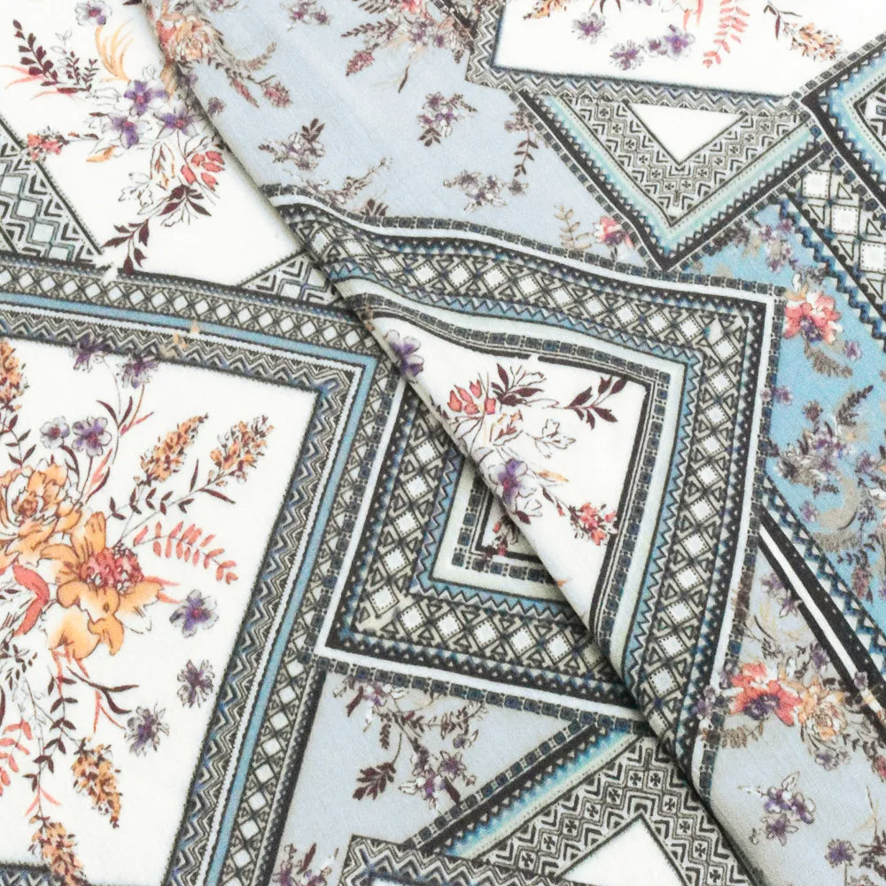 Ivory-Blue-Multi Floral Frame Printed Rayon Crepe Woven Fabric