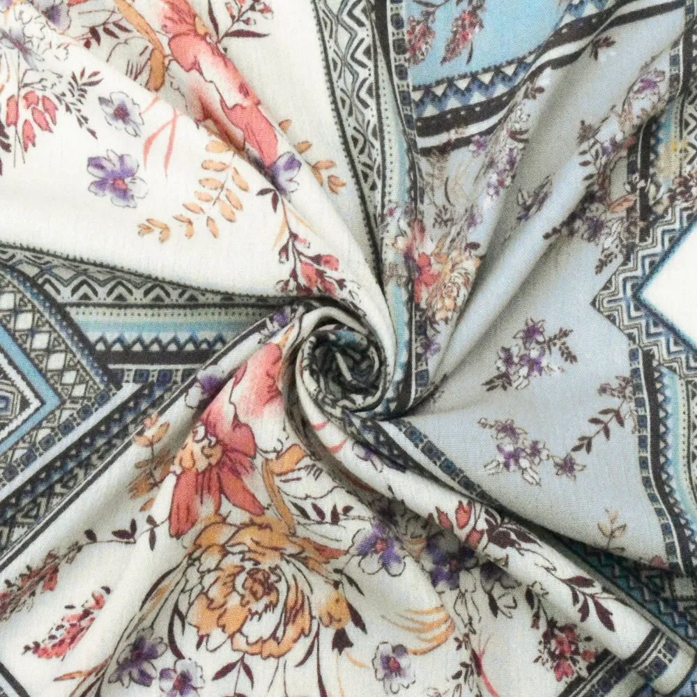 Ivory-Blue-Multi Floral Frame Printed Rayon Crepe Woven Fabric