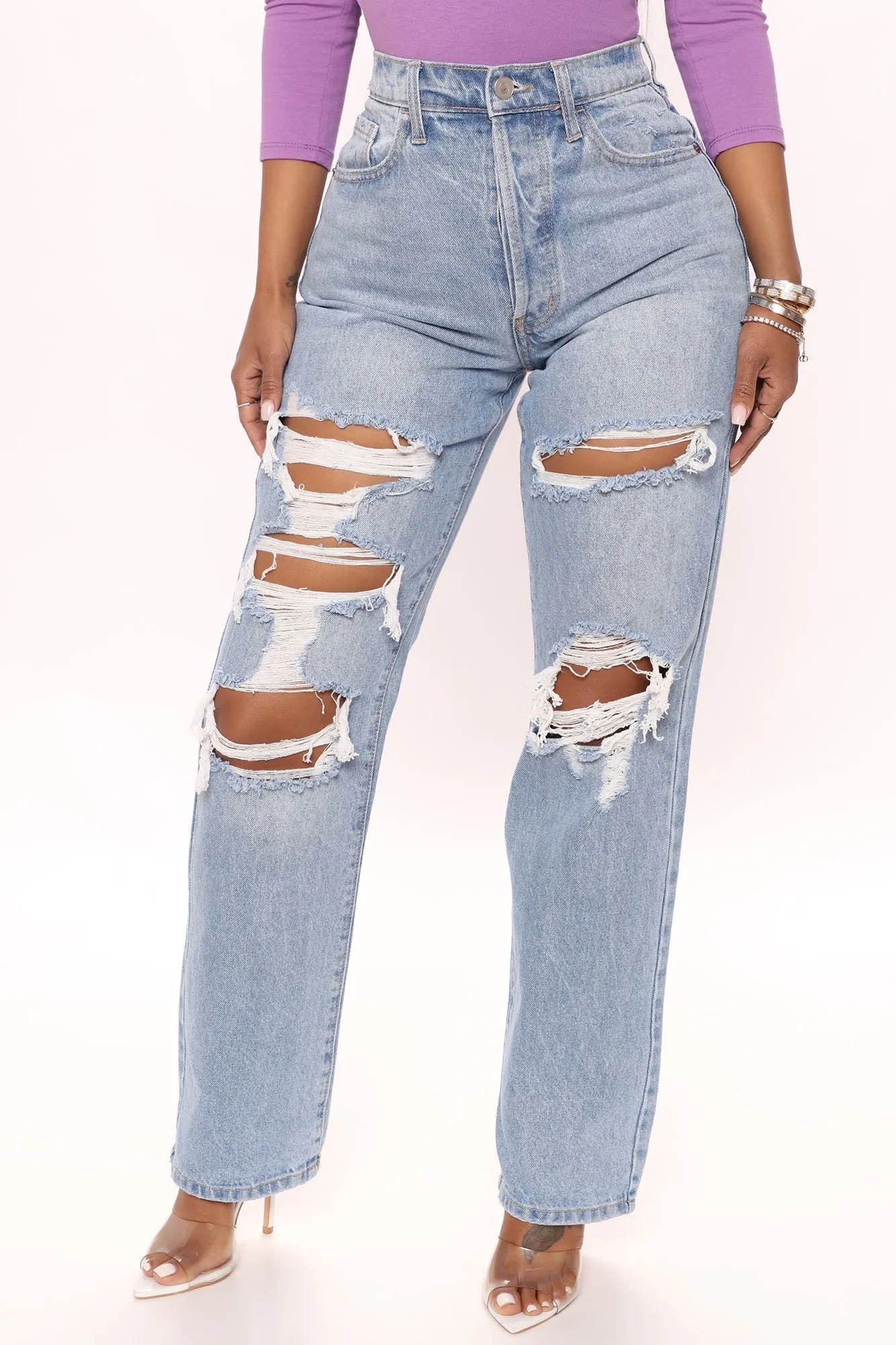 KittenAlarm - One More Time Ripped Baggy Jeans - Medium Blue Wash