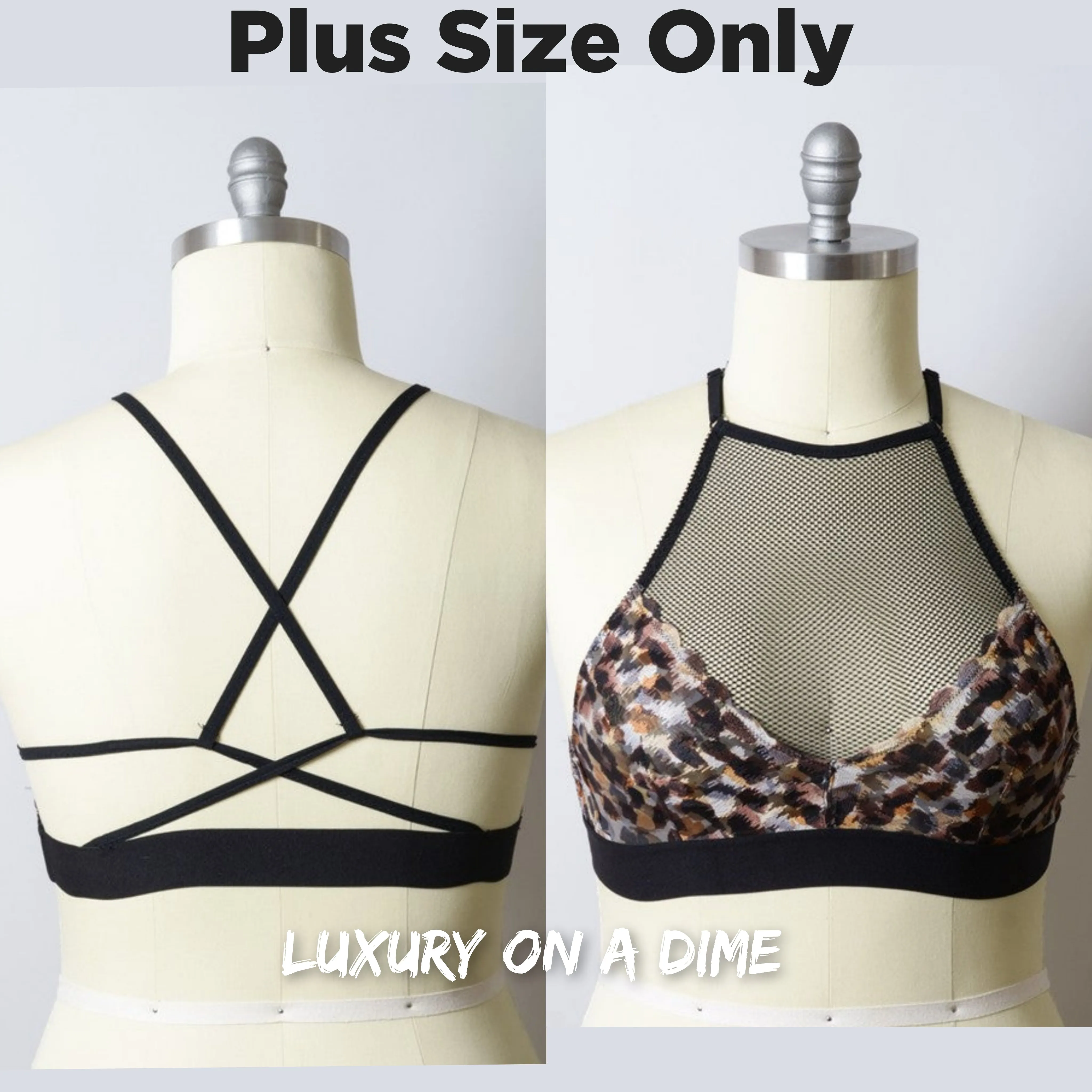 Mesh High-Neck Crop Top Wireless Elastic Underbust Cross Back Bralette Plus Size
