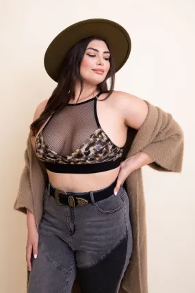 Mesh High-Neck Crop Top Wireless Elastic Underbust Cross Back Bralette Plus Size