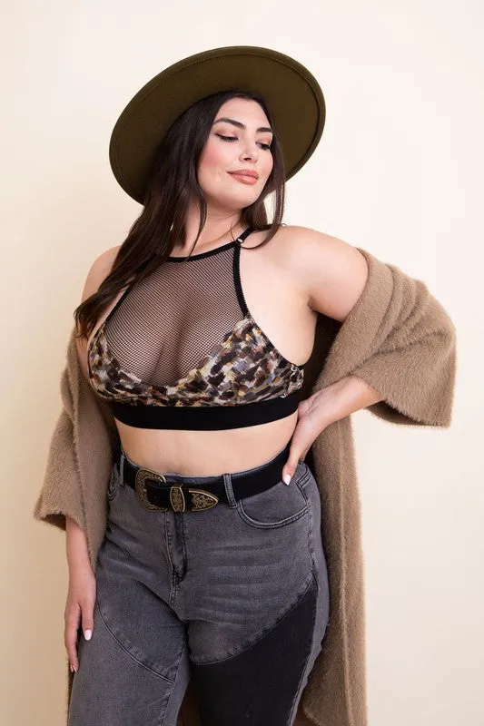 Mesh High-Neck Crop Top Wireless Elastic Underbust Cross Back Bralette Plus Size