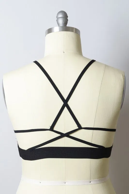 Mesh High-Neck Crop Top Wireless Elastic Underbust Cross Back Bralette Plus Size