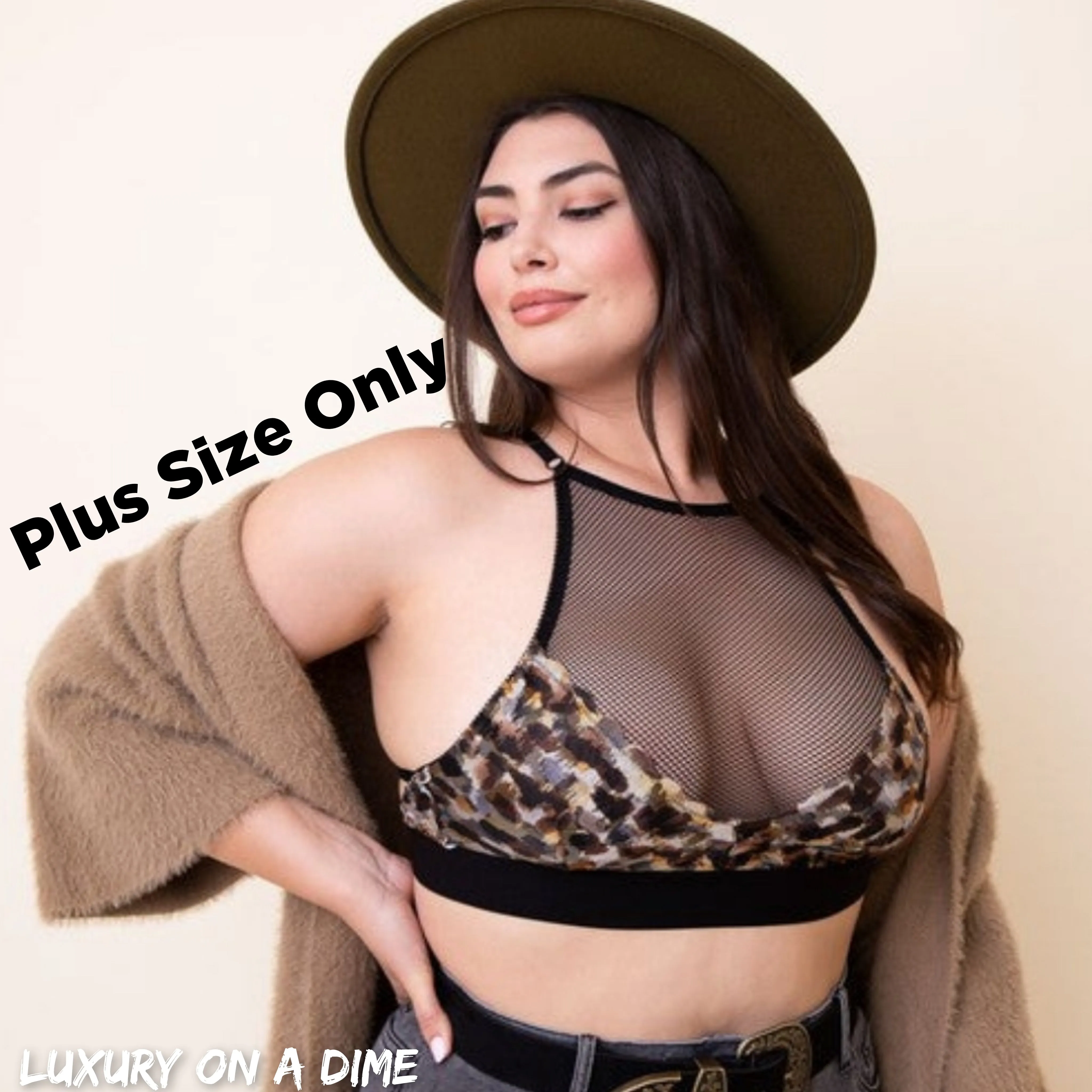 Mesh High-Neck Crop Top Wireless Elastic Underbust Cross Back Bralette Plus Size