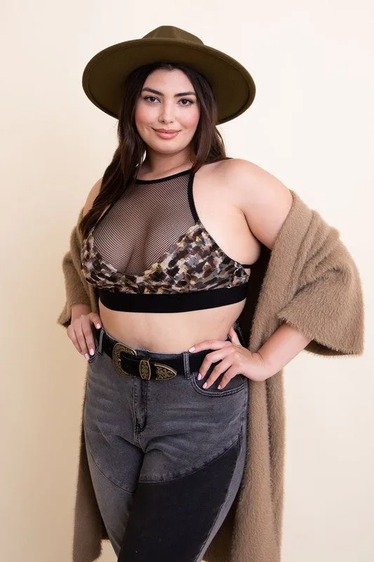 Mesh High-Neck Crop Top Wireless Elastic Underbust Cross Back Bralette Plus Size