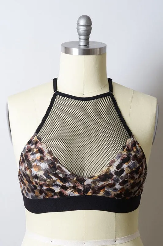 Mesh High-Neck Crop Top Wireless Elastic Underbust Cross Back Bralette Plus Size
